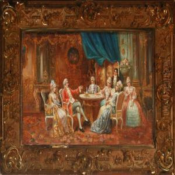 Rococointerior With Persons Arround A Table Oil Painting by Stephan Sedlacek