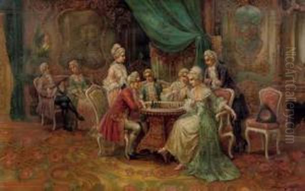 A Game Of Chess In A Rococo Interior Oil Painting by Stephan Sedlacek