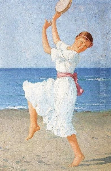 A Tambourine Dancer At The Shore Oil Painting by Hermann Seeger