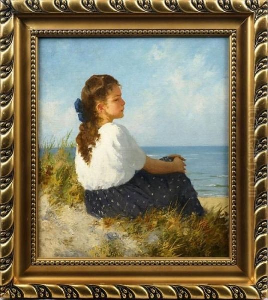 Charakteristisches, 
Impressionistisches Strandbild Seegers, In Dessen Oeuvre Harmonisch 
Komponierte Darstellungen Traumverloren Sinnierender Madchen An Der 
Sommerlichen, Sonnigen Kuste Einen Schwerpunkt Bilden. Ol/lwd.; 51 Cm X 
44 Cm. R. Oil Painting by Hermann Seeger