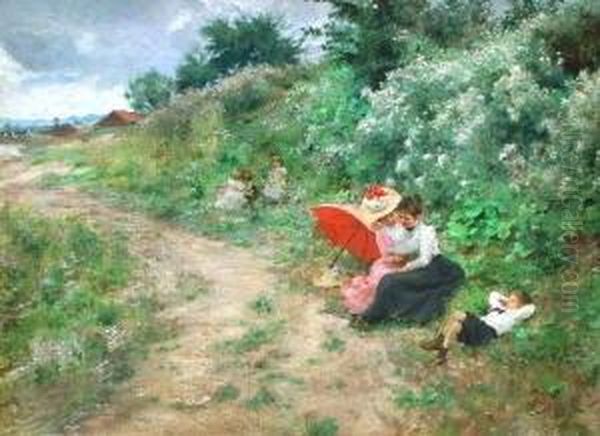 Sommerfrische. Rastende Frauen Und Kinder Am Wegrand Oil Painting by Hermann Seeger