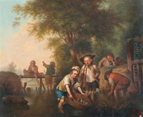 Boys Angling At The River. Oil Painting by Joseph Conrad Seekatz