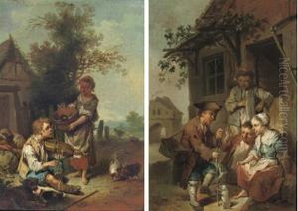 A Boy Musician With A Washer Girl; And A Street Vendor With Peasant Children Oil Painting by Joseph Conrad Seekatz