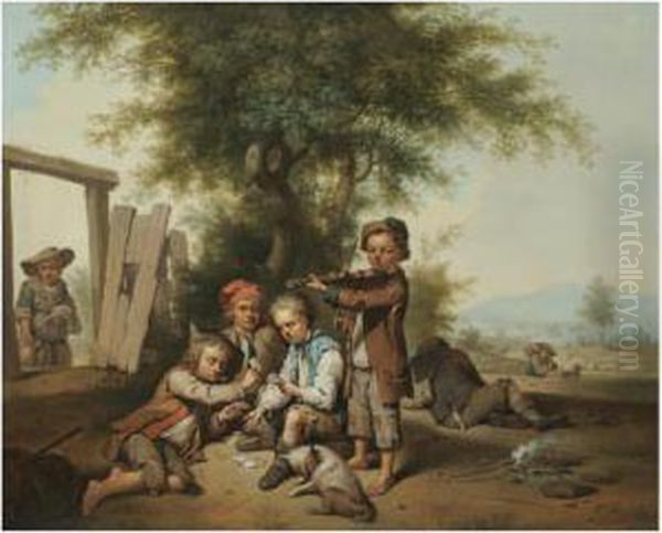 Young Boys Playing Cards And The Violin In A Landscape Oil Painting by Joseph Conrad Seekatz