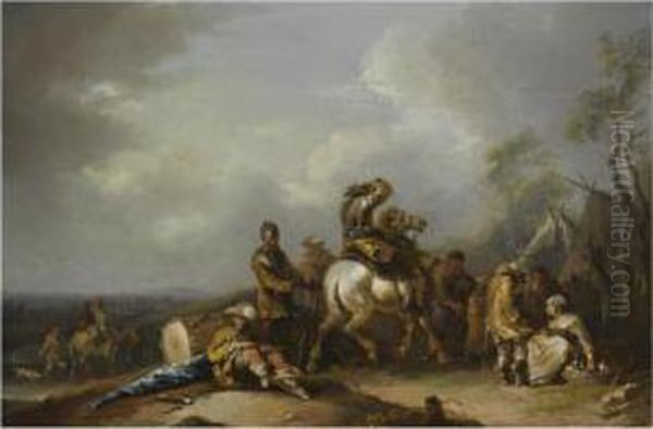 An Outdoor Scene With Horsemen And Musicians At Rest Oil Painting by Joseph Conrad Seekatz