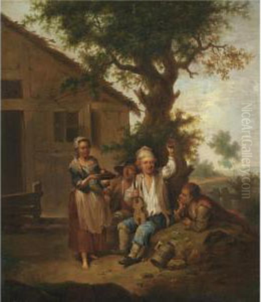 Peasants Drinking And Making Music Before An Inn Oil Painting by Joseph Conrad Seekatz