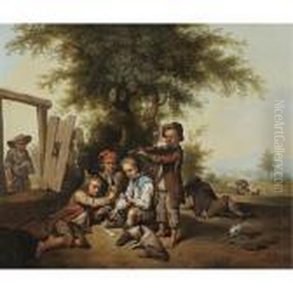 Young Card Players And A Violinist By A Tree Oil Painting by Joseph Conrad Seekatz