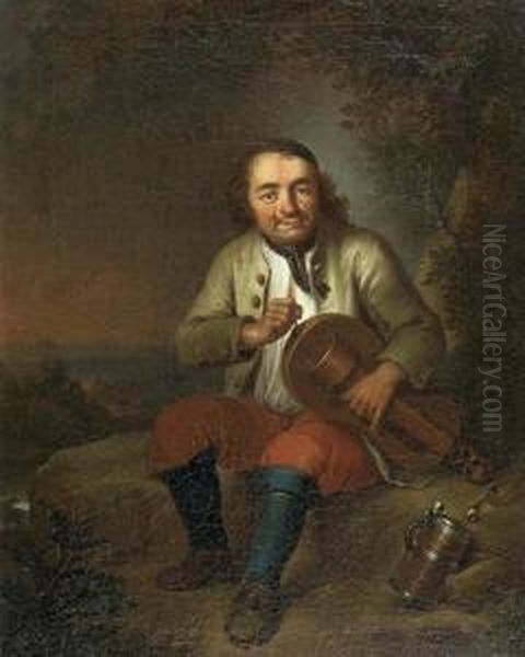 Sitzender Mann Mit Musikinstrument In Einer Landschaft. Oil Painting by Joseph Conrad Seekatz