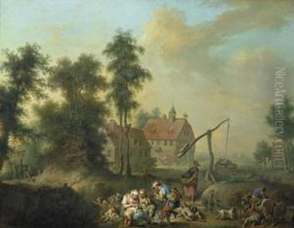 Bauerliche Szene Vor Einem Ziehbrunnen. Um 1765. Oil Painting by Joseph Conrad Seekatz