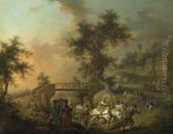 Pferdegespann Vor Einer Holzbrucke. Um 1765. Oil Painting by Joseph Conrad Seekatz