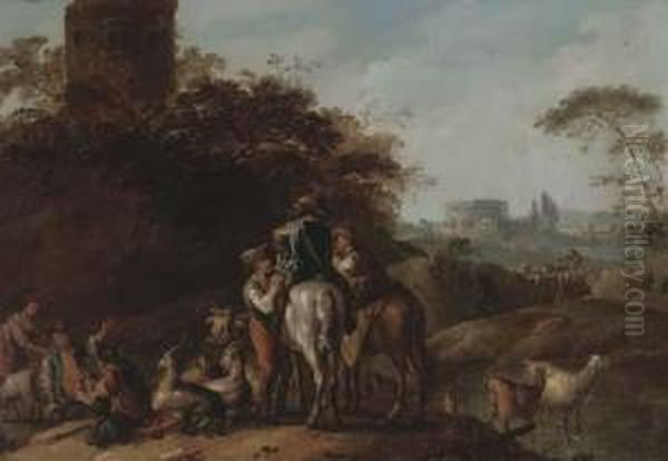 An Italianate Landscape With Travellers Resting With Herdsmen By Atower Oil Painting by Joseph Conrad Seekatz