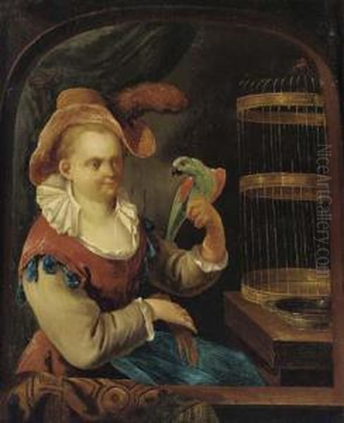 A Lady With A Parrot At A Casement Oil Painting by Joseph Conrad Seekatz