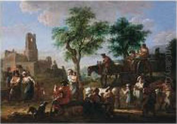 A Landscape With A Horse And Cart And Other Travellers Near Ruins Oil Painting by Joseph Conrad Seekatz