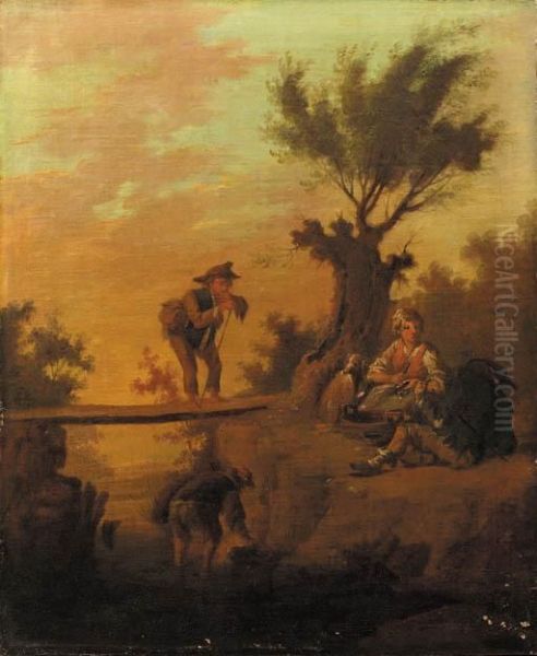 Shepherds Resting In A Landscape Oil Painting by Joseph Conrad Seekatz