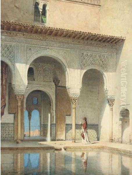 A Courtyard In The Alhambra Palace, Granada Oil Painting by Adolf Seel