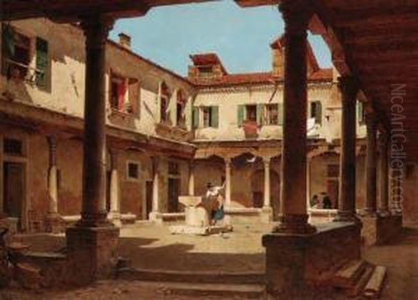 In The Courtyard Oil Painting by Adolf Seel