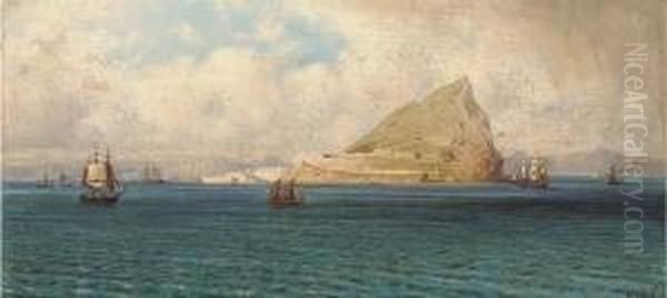 Vessels Rounding The Rock Of Gibraltar Oil Painting by Gottfried Seelos