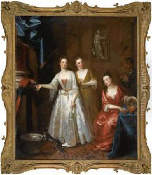 Portrait Of Three Ladies Of The Bisset Family Oil Painting by Enoch Seeman