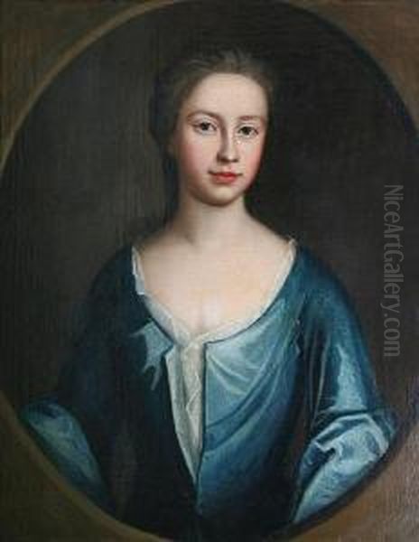 Portrait Of A Lady, Half Length, Wearing Ablue Dress, Within Painted Oval Oil Painting by Enoch Seeman