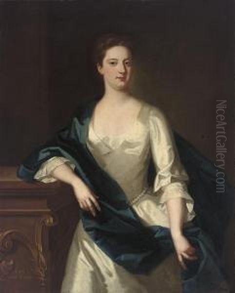 Portrait Of Lady Anne Furnese, 
Three-quarter-length, In An Oystersatin Dress, And A Blue Wrap, Her 
Right Arm Resting On Aplinth Oil Painting by Enoch Seeman