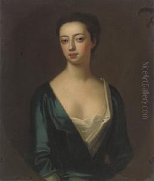 Portrait Of A Lady, 
Traditionally Identified As Elizabeth Greville (d.1699), Lady Guilford, 
Half-length, In A Blue Dress, In A Feigned Oval Oil Painting by Enoch Seeman