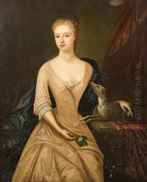 Portrait Of A Lady, Seated With A
 Dog, Wearingpink Dress And Sprig Of Flowers In Her Hair Oil Painting by Enoch Seeman