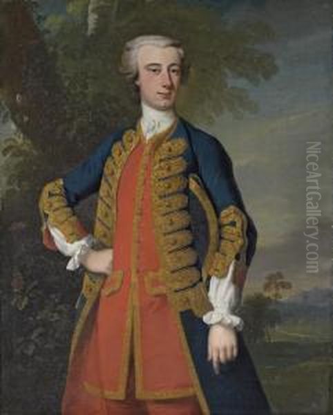 Portrait Of A Gentleman, 
Traditionally Identified As Mark Currie, Of Berwick-upon-tweed, 
Three-quarter-length, In A Blue Coat With Gold Trim And A Red Waistcoat,
 A Hat Under His Left Arm, In A Landscape Oil Painting by Enoch Seeman