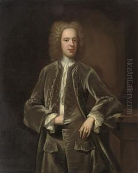 Portrait Of Mr Barton, Son Of 
Dr. Samuel Barton, Three-quarter-length, In A Grey Velvet Suit, Leaning 
On A Plinth Oil Painting by Enoch Seeman