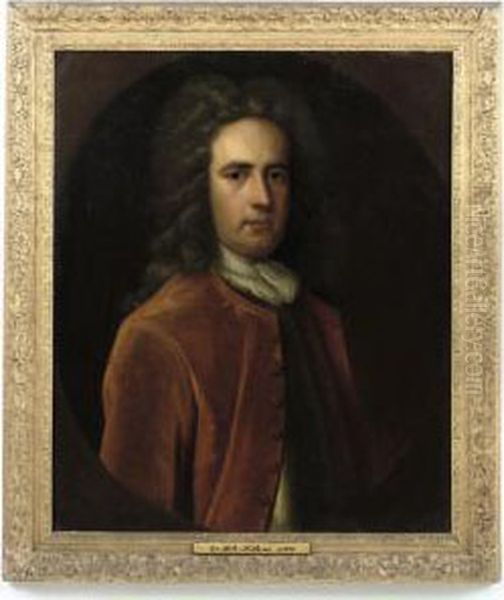 Portrait Of Sir John Jacob 
(d.1740), Half-length, In A Burgundy Coat And A Breastplate, In A 
Feigned Oval Oil Painting by Enoch Seeman