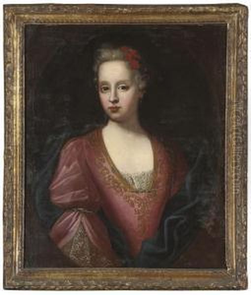 Portrait Of A Young Lady, 
Quarter-length, In A Purple Dress With Lace Trim, A Red Bow In Her Hair Oil Painting by Enoch Seeman