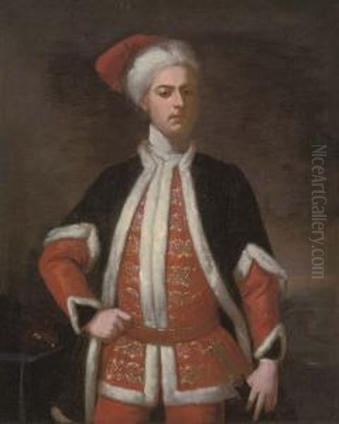 Portrait Of A Gentleman, 
Three-quarter-length, In A Red Suit Embroidered With Gold, And A Blue 
Mantle, Both Trimmed With White Fur, And A Red Hat With White Fur Trim, 
His Left Hand Resting On The Hilt Of His Sword, In A Landscape Oil Painting by Enoch Seeman