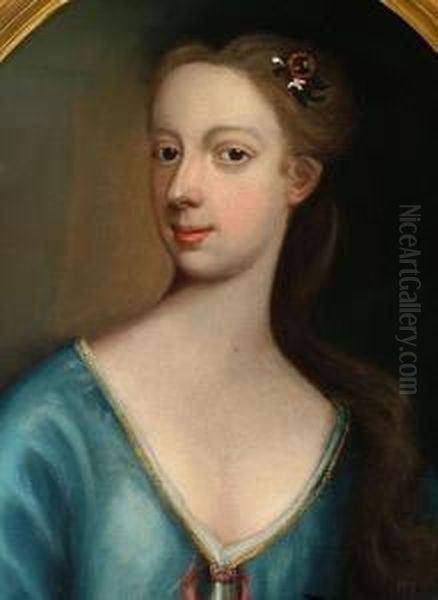 Portrait Of A Young Lady, Head And Shoulders, Wearing Blue Dress Oil Painting by Enoch Seeman