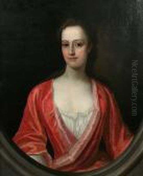 Portrait Of A Lady, Half Length,
 Believed To Be Margaret Verney (died 1774), Wearing Red Gown, In 
Painted Oval Oil Painting by Enoch Seeman