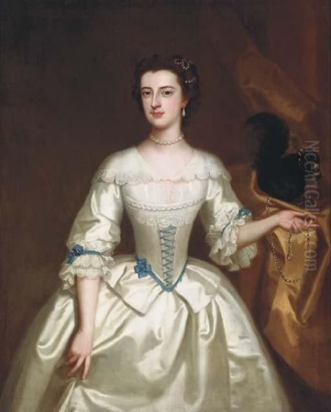 Portrait Of A Lady, Three-quarter Length, In A White Silk Dresswith Her Pet Squirrel Oil Painting by Enoch Seeman