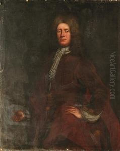 A Portrait Of A Gentleman 
Standing, Three Quarter Length, With Powdered Wig And Lace Jabot And 
Russet Coat Oil Painting by Enoch Seeman