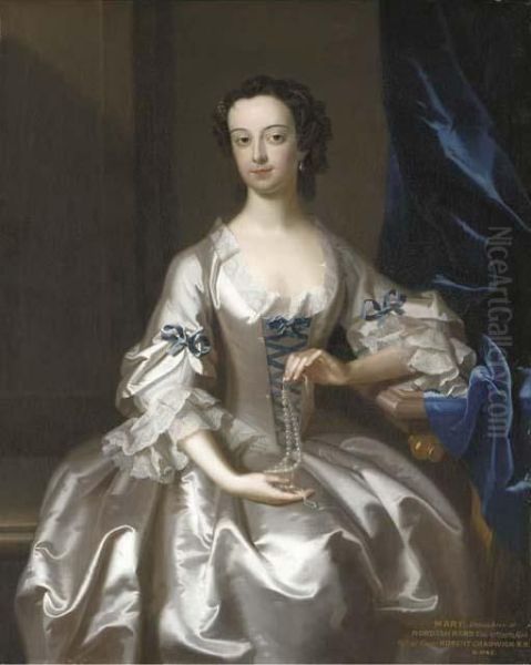 Portrait Of Mary Rand, 
Half-length, Seated, In An Oyster-satindress With Blue Ribbons, Holding A
 String Of Pearls, In An Interiorby A Blue Velvet Curtain Oil Painting by Enoch Seeman