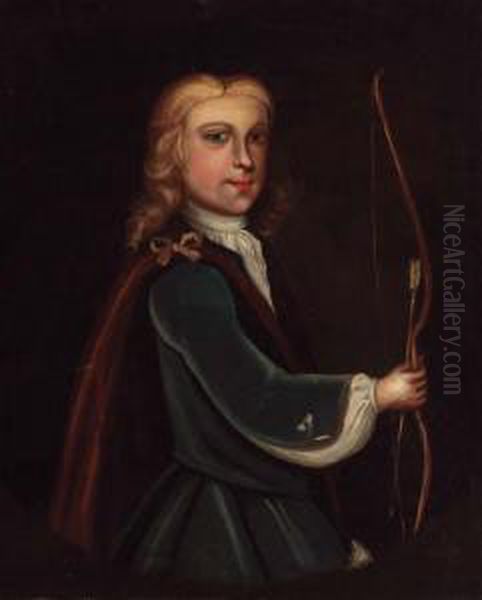 Portrait Of A Boy, Half-length, 
In A Blue Coat And White Shirt,holding A Bow And Arrow, Feigned Oval Oil Painting by Enoch Seeman