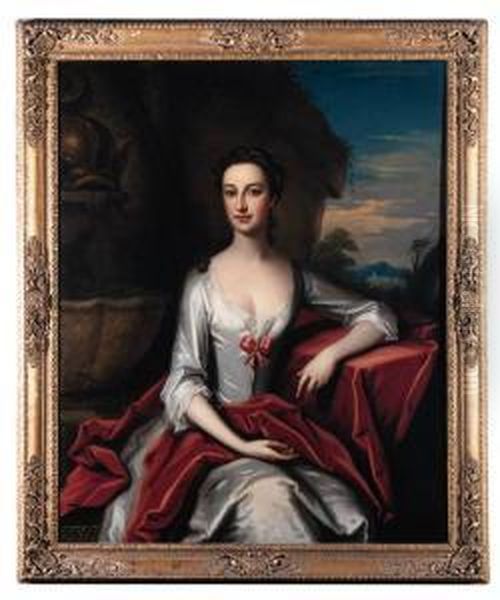 Portrait Of Anne Columbine, 
Seated Three-quarter Length In A Whitedress With A Burgundy Wrap, A 
Landscape Beyond Oil Painting by Enoch Seeman