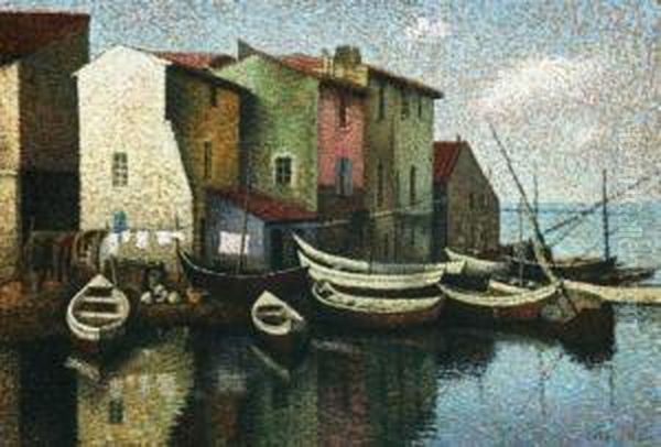 Moored Boats And Village 1943 Oil Painting by Arthur Segal