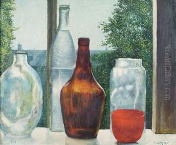 Bottles On A Window Ledge Oil Painting by Arthur Segal