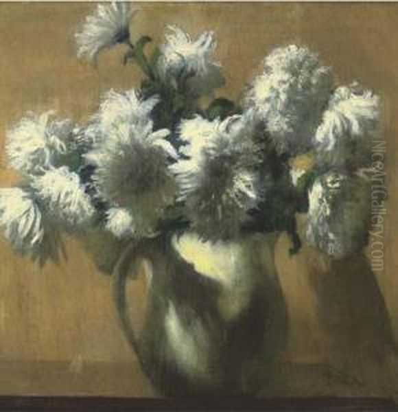 White Dahlias In A Jug Oil Painting by Arthur Segal