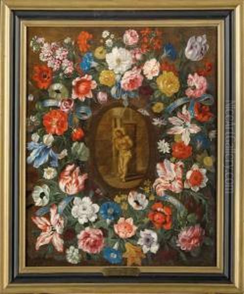 Couronne De Fleurs Entourant Le Christ Aux Liens Oil Painting by Daniel Seghers