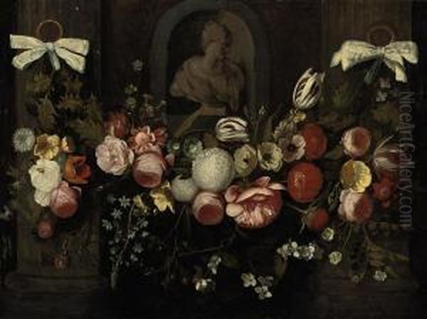 A Swag Of Flowers Decorating A Niche With A Stone Bust Oil Painting by Daniel Seghers