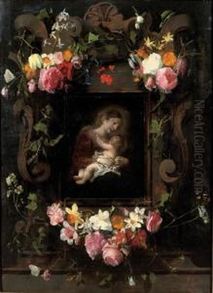 A Stone Cartouche Surrounded By Garlands Of Roses Oil Painting by Daniel Seghers