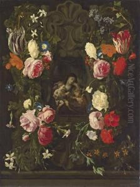 The Virgin And Child With The 
Infant Saint John The Baptist, In A Sculpted Cartouche, Surrounded By A 
Garland Of Roses, Tulips, Carnations And Other Flowers Oil Painting by Daniel Seghers