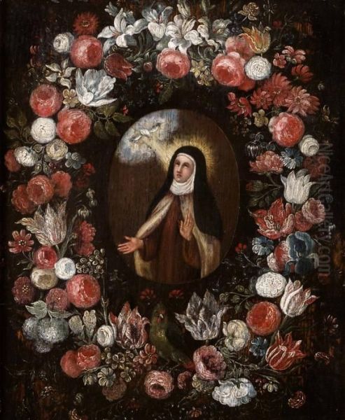 St Theresa I Blomkrans. Panna 28 X 22,5 Cm Oil Painting by Daniel Seghers