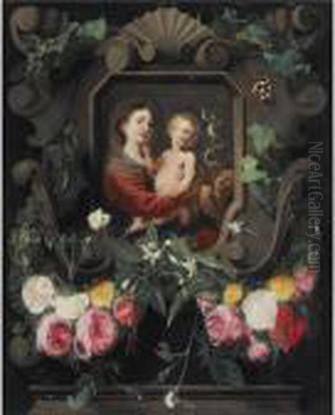 The Virgin And Child With The 
Infant Saint John, In A Stonecartouche, Decorated With A Garland Of 
Roses, Snowdrops And Ivy,together With Two Butterflies Oil Painting by Daniel Seghers