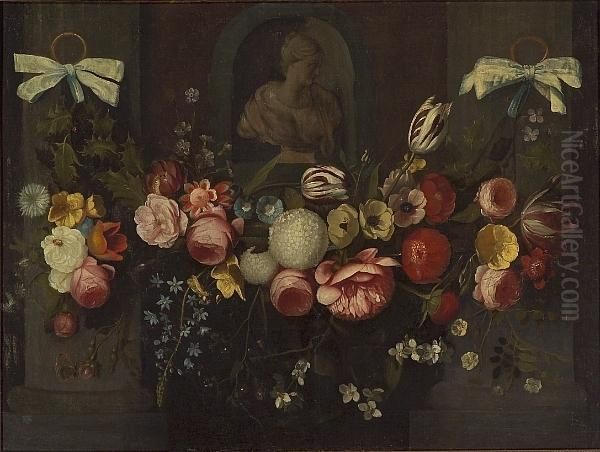 A Garland Of Holly, Tulips, 
Roses And Other Flowers Beneath A Sculptural Bust In A Niche Oil Painting by Daniel Seghers