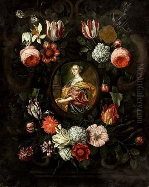 Corona Di Fiori Con Ritratto Di Nobildonna Oil Painting by Daniel Seghers