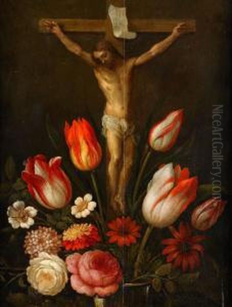 Blomsterstilleben Med Jesus Pa Korset Oil Painting by Daniel Seghers